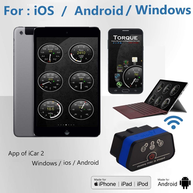 Vgate iCar2 OBD2 Scanner Scan Tools Interface Wi-Fi Adapter Check Engine Light Car Diagnostic Tool for iOS & Android Auto Sleep (Blue) - Image 2